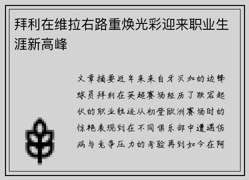 拜利在维拉右路重焕光彩迎来职业生涯新高峰